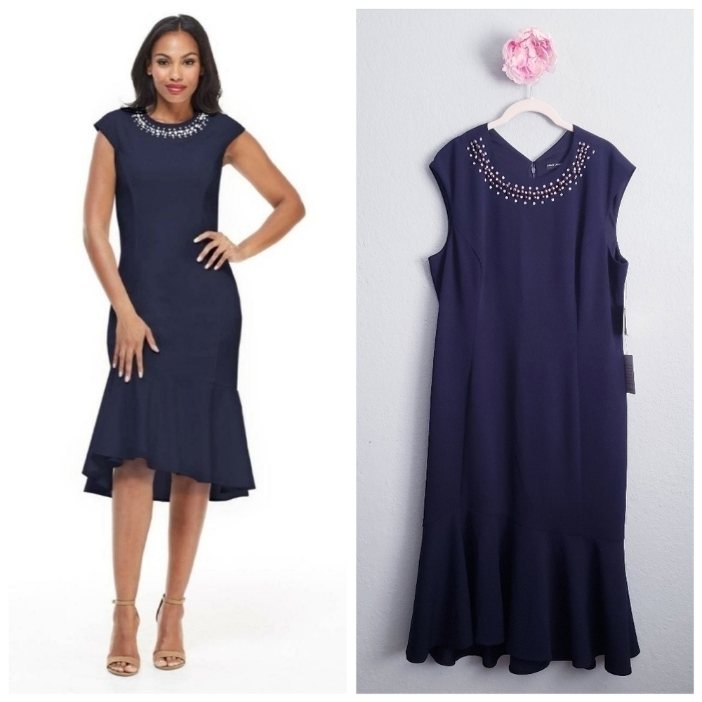 Maggy London Embellished Celeste Flounce Dress in Navy